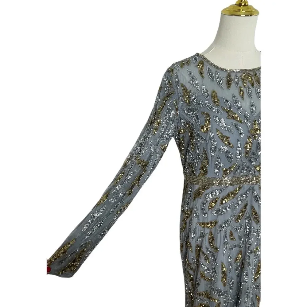 Mac‎ Duggal 5124 Platinum Gold Sequin Beaded Long Sleeve Dress Size 10 $598 - Picture 5 of 9